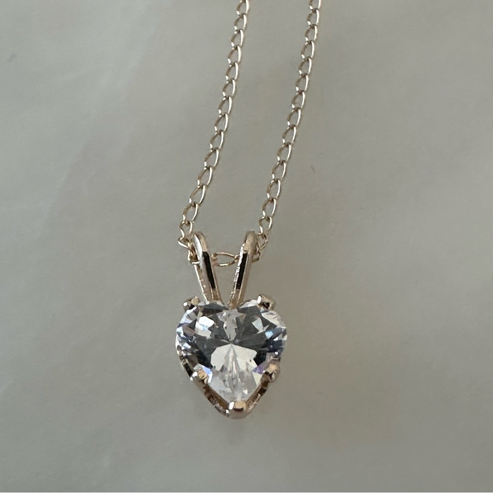 14k Solid Gold Heart CZ Pendant Necklace